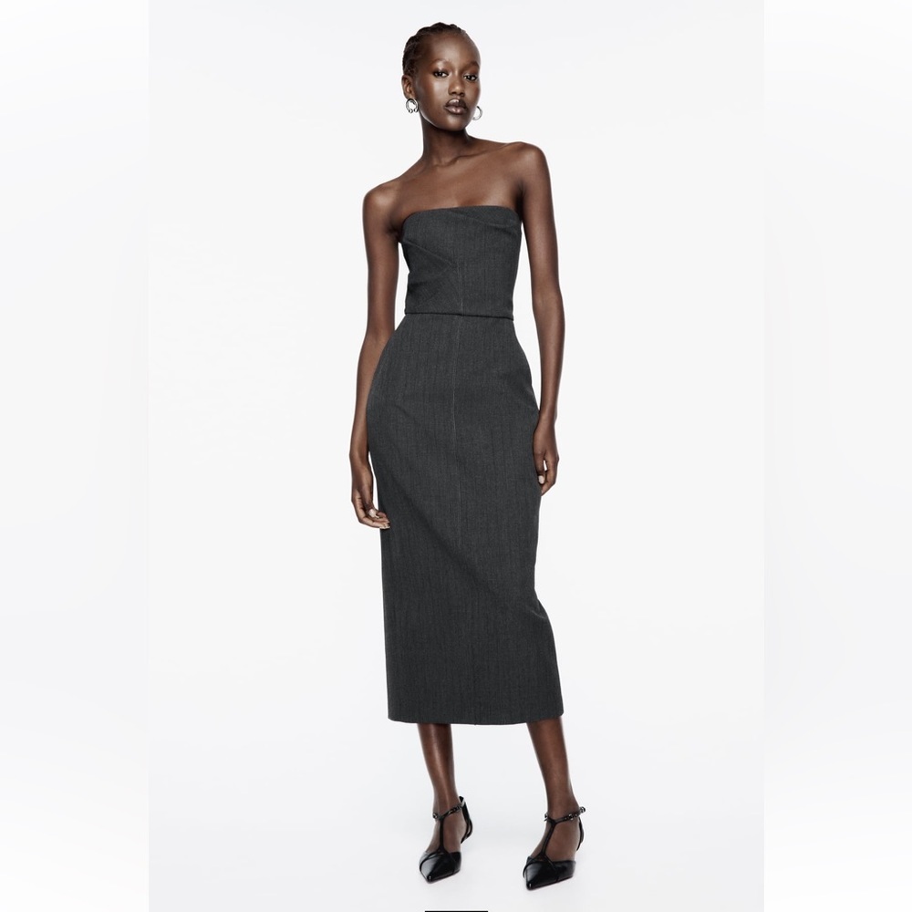NEW Zara Strapless Charcoal Grey Pinstriped Suit Dress Size S